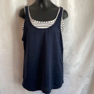 Athletica navy tank with attached blue/white bra with 3 crisscross straps Sz XS